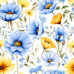 Seamless pattern with blue and yellow flowers on white background.
