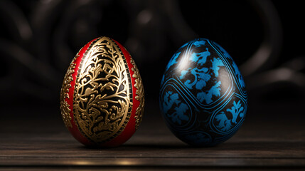 A blue and gold egg sitting on top of a black table