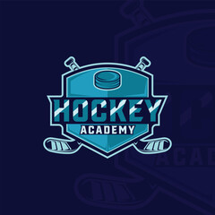 Obraz premium ice hockey emblem logo vector illustration template icon graphic design. puck and hockey stick sign or symbol with badge shield for club or team sport