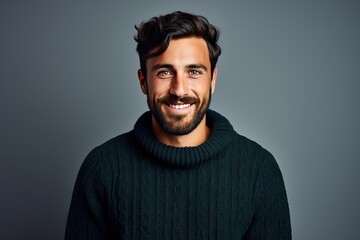 person Lucky face smile cool happy background white standing sweater casual wearing beard man handsome Young photogenic hispanic adult portrait isolated attractive male fashion attire winter studio - obrazy, fototapety, plakaty