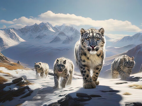a three snow leopards walking in the snow with mountains in the background