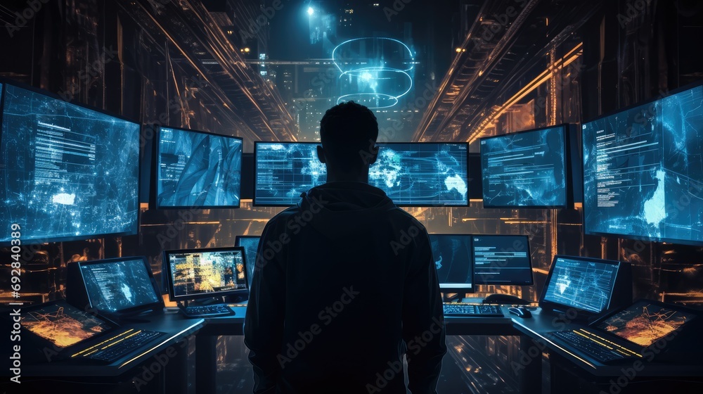 Poster IT man looking at code and blockchain at monitor computer, Futuristic, Many monitor. Generative AI.