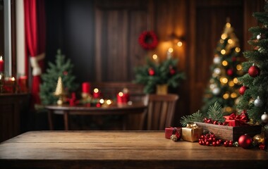 Fototapeta na wymiar Empty wooden table with christmas tree and gifts