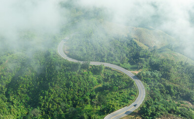 Aerial view of car travel on road and dark green forest and fog clouds. Natural landscapes and high...