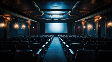 Fototapeta premium An empty cinema hall, Highlighting the contrast between the blue seating and the white screen. Generative AI.