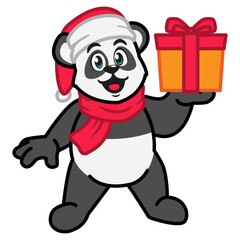 Panda in a Santa Claus hat and scarf holding a gift box