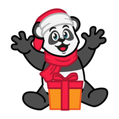 Panda in a Santa Claus hat and scarf holding a gift box