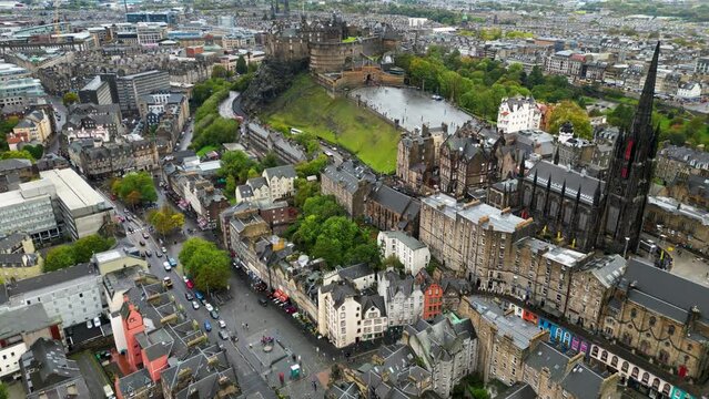 Aerial View Shot of Edinburgh UK, Edinburgh Castle, Old Town, Scotland, United Kingdom. Top Cinematic Aerial View. 