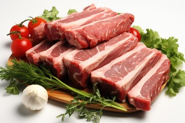 Fototapeta premium Fresh lamb ribs with spices and vegetables isolated on white background. Generative AI.