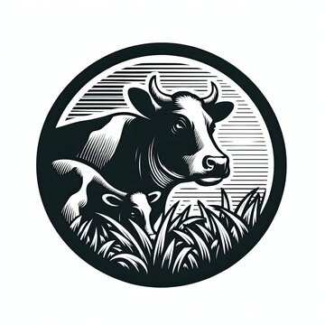 illustration of cow eating grass. vintage logo. ai generate