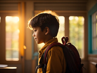 A boy with a backpack returning to school