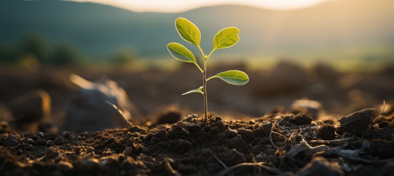 A young plant growing on the desolate land under the rays of the sun. Generative AI.