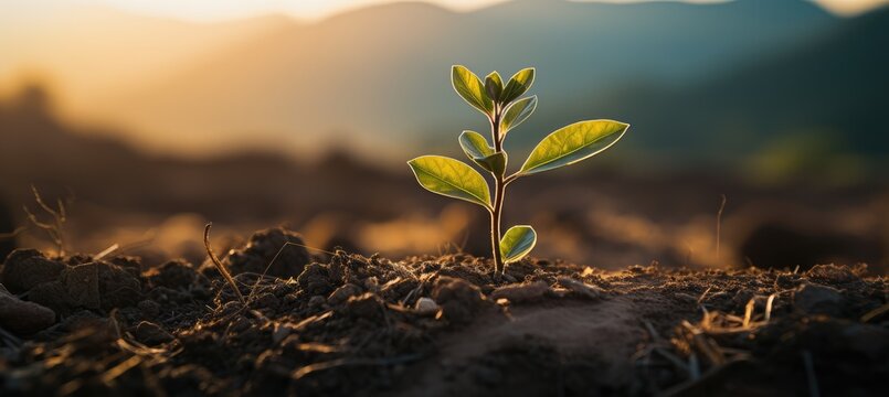 A young plant growing on the desolate land under the rays of the sun. Generative AI.