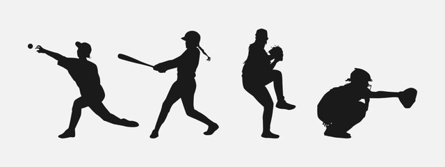 Set of silhouettes of baseball player, female athlete. Different pose, gesture. Isolated on white background. Vector illustration. - obrazy, fototapety, plakaty