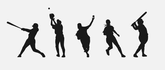 Set of silhouettes of baseball player, female athlete. Different pose, gesture. Isolated on white background. Vector illustration.