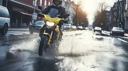 A courier on a motorcycle rides through a huge puddle after the rain. Fast delivery of...
