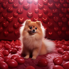 Fototapeta na wymiar 1:1 Cute Pomeranian dogs come to spread love on Valentine's Day and other special days.for backgrounds on mobile or computer screens or other printing projects.
