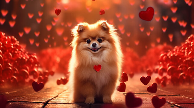 9:16 or 16:9 Cute Pomeranian dogs come to spread love on Valentine's Day and other special days.for backgrounds on mobile or computer screens or other printing projects.