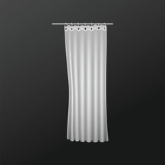 Realistic white shower curtain mockup hanging on metal rod
