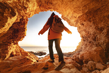 Woman young hiker with backpack is exploring small mainsail and walks out from cave to sea beach