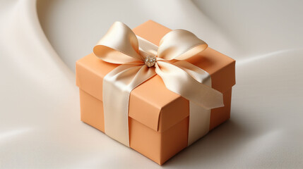 A small peach gift box with an elegant cream ribbon is a testament to classic sophistication in a soft, natural light setting. Peach Fuzz color 2024