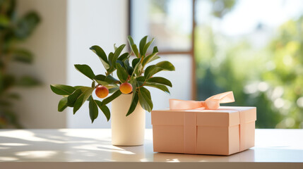 A peach gift box with a soft ribbon is poised elegantly beside a lush potted orange tree, creating a harmonious blend of crafted and natural beauty. Peach Fuzz