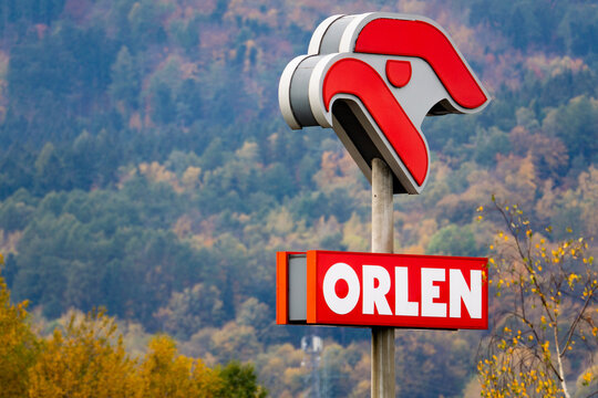 Walbrzych, Polska - 11.02.2023: Orlen S.A., commonly known as Orlen, is a Polish multinational oil refiner and petrol retailer