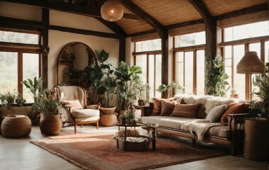 living room in the farmhouse is decorated with a boho ethnic style, creating a unique and cozy atmosphere