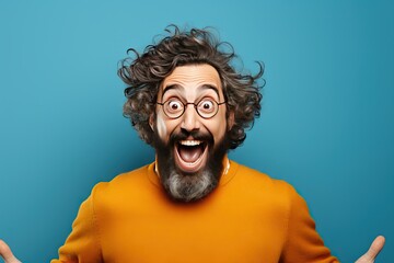 wall color fl wow saying success celebrating laughing happy excited shocked feeling man crazy bearded young amazement amazing celebrate charming fascinating fun happiness shock successful surprise - obrazy, fototapety, plakaty