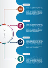 Vector infographic template with 3D paper label, integrated circles. VUCA acronym concept of volatility, uncertainty, complexity and ambiguity