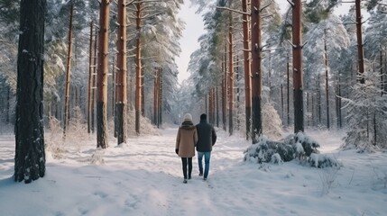 Fototapeta na wymiar A man and woman travel through the pine forest in the winter forest. There is white snow. Happiness and fun.