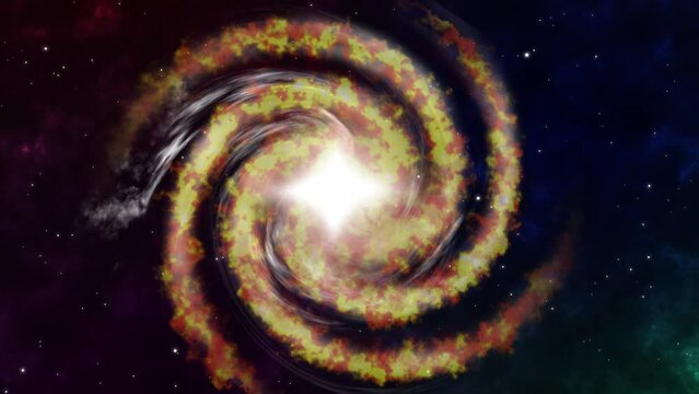 Travel Flying to Rotating Spiral gold and red Galaxy Space Floating Space Background. Deep space exploration. travel near big in star fields and nebula. Barred Spiral Galaxy Turning in Universe Stars