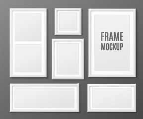 Mockup of picture frames on wall, realistic vector illustration isolated.