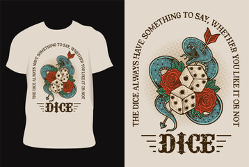 Illustration vintage dice rose flower with snake on T shirt mockup - obrazy, fototapety, plakaty