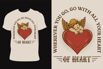 Illustration vintage broken heart with angel on t shirt design
