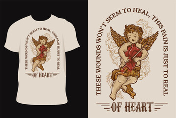Illustration vintage broken heart with angel on t shirt design