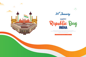 India republic day 26 january post or banner design with flag white background new parliament red fort monument vector illustration - obrazy, fototapety, plakaty