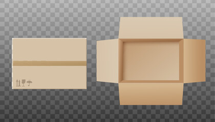 Mockup of delivery and packaging box, realistic vector illustration isolated.