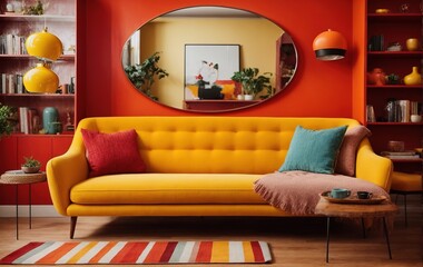 yellow sofa against a red wall, with a vibrant pop art mid-century style adding a unique touch to the home interior