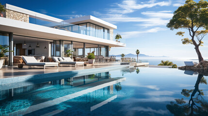 Luxury modern house with a panoramic view, infinity pool, and stylish outdoor furniture on a sunny day. AI Generative