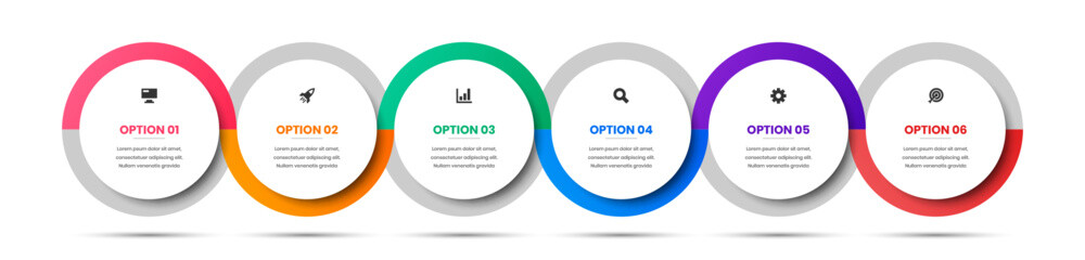 Vector Business Infographic Template with Circle Label, Icon and 6 Options. Suitable for Process Diagram, Presentations, Workflow Layout, Banner, Flow Chart, Infographic