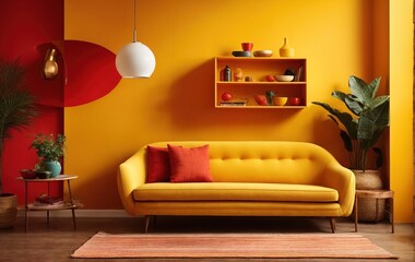 yellow sofa against a red wall, with a vibrant pop art mid-century style adding a unique touch to the home interior