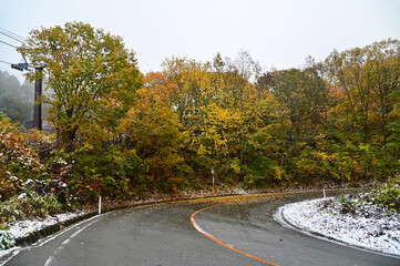 Hachimantai Aspite Line with First Snow During Autumn in Tohoku Region