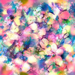 Lush spring bloom Pastel pink yellow green blue layered flowers Abstract blur painted floral seamless background