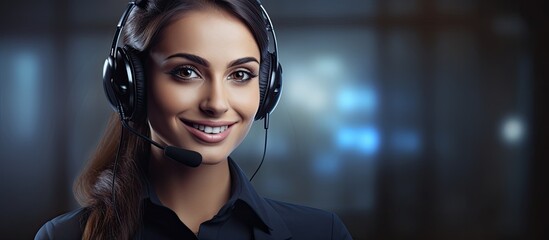 Female tech support agent at call center with hands-free device - obrazy, fototapety, plakaty