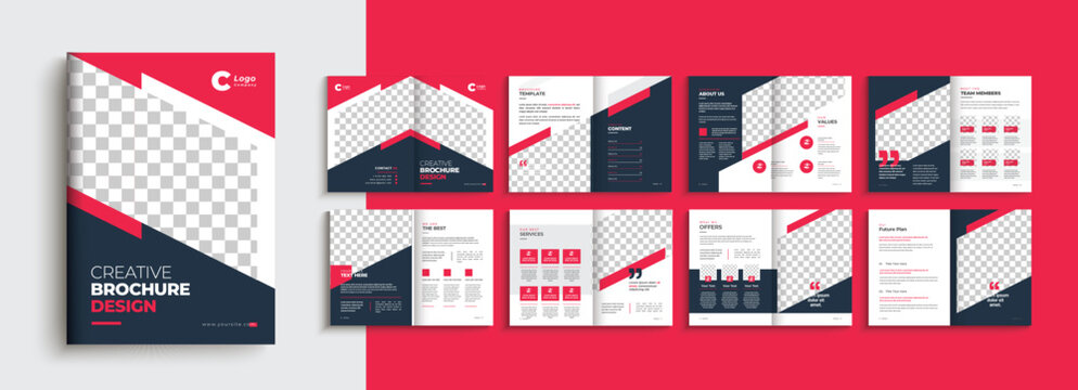 Business brochure template with yellow, red modern shape. Company profile 16 pages a4 brochure template layout design