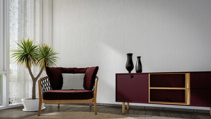 3d illustration rendering of living room interior with cabinet and blank wall suitable for mockup design background