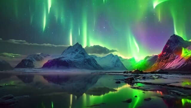 Aurora borealis (Northern lights) over mountain with one person