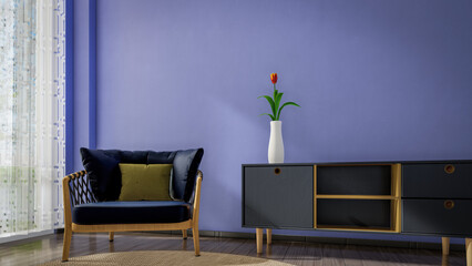 3D Rendering of chair and cabinet front of purple blank wall