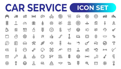 Car service icon set with editable stroke and white background. Auto service, car repair icon set. Car service and garage. - obrazy, fototapety, plakaty